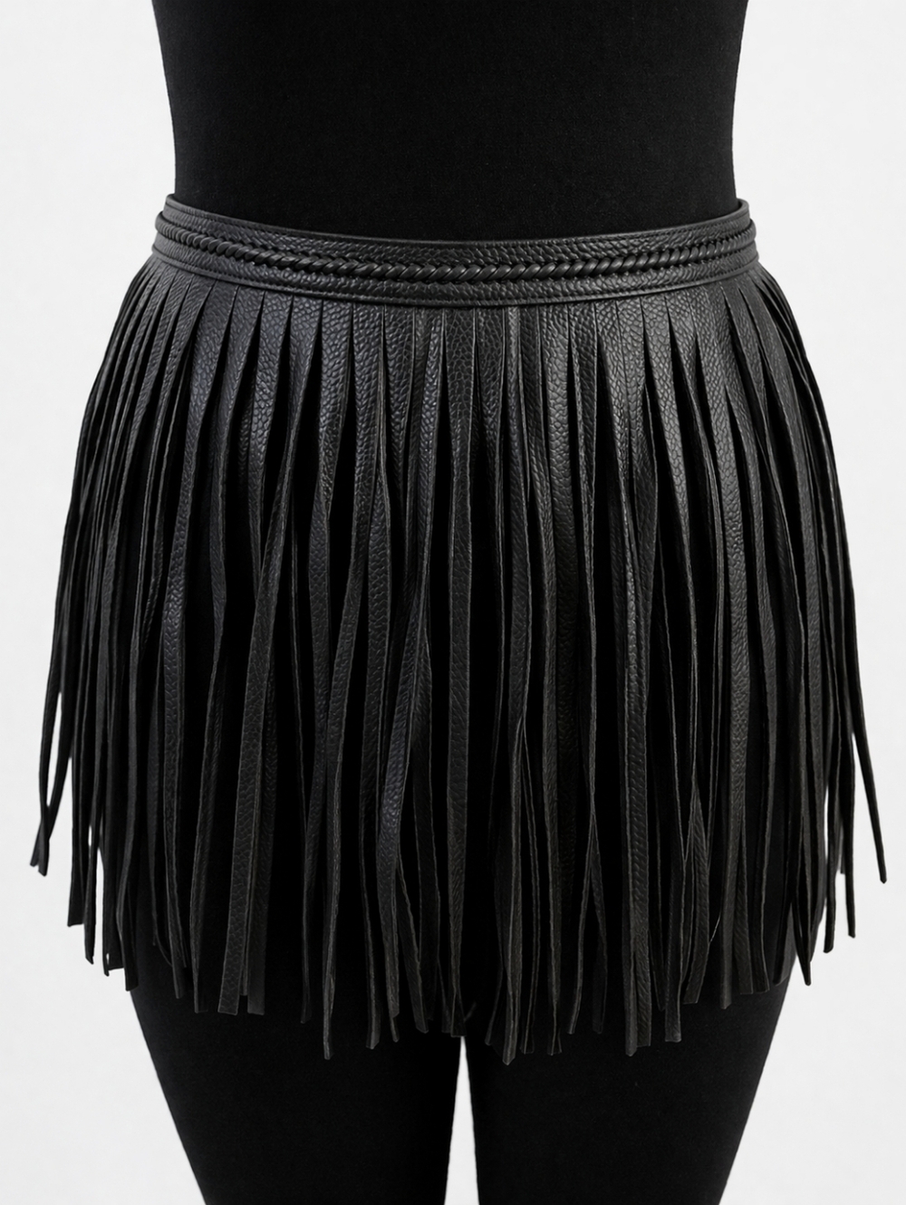 BCBGMAXAZRIA Black Fringe Waist Belt Faux Leather Statement Belt
